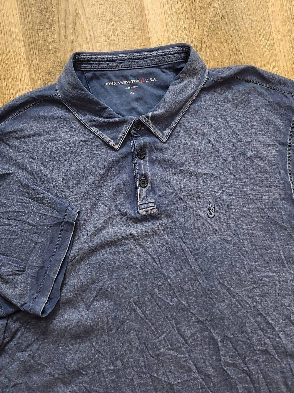 John Varvatos Star USA peace sign burnout polo shirt Blue Men's XL Short Sleeve